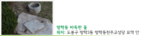방학동 바둑판 돌 위치 : 위치 : 도봉구 방학3동 방학동천주교성당 묘역 안