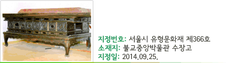 천축사 목조불단 - 지정번호 : 서울시 유형문화재 제366호 - 위치 : 불교중앙박물관 수장고 - 지정일 : 2014.09.25.