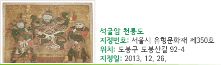 석굴암 천룡도 - 지정번호 : 서울시 유형문화재 제350호 - 위치 : 도봉구 도봉산길 92-4 - 지정일 : 2013. 12. 26.