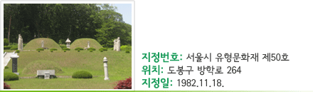 양효공 안맹담과 정의공주 묘역 - 지정번호 : 서울시 유형문화재 제50호 - 위치 : 도봉구 방학로 264 - 지정일 : 1982.11.18.