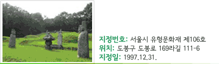 전주 이씨 영해군파 묘역 - 지정번호 : 서울시 유형문화재 제106호 - 위치 : 도봉구 도봉로 169라길 111-6 - 지정일 : 1997.12.31.