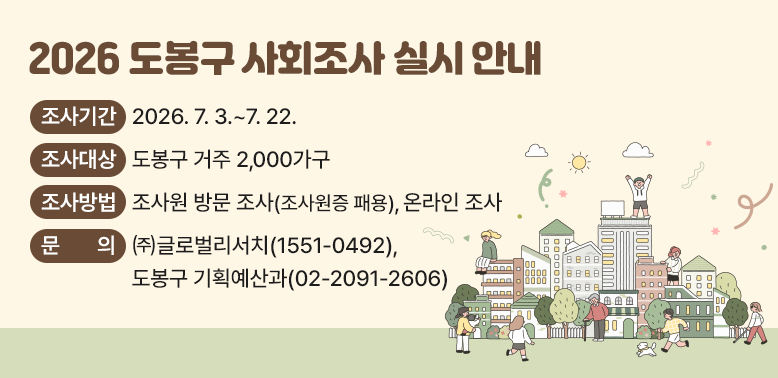 2026 도봉구 사회조사 실시 안내<br /> ○ 조사기간: 2026. 7. 3.~7. 22. <br /> ○ 조사대상: 도봉구 거주 2,000가구<br />             (해당 가구 내 만 15세 이상 모든 가구원)<br /> ○ 조사방법: 조사원 방문 조사(조사원증 패용), 온라인 조사<br /> ○ 문의: ㈜글로벌리서치 ☎1551-0492<br />         도봉구 기획예산과 ☎02-209 - 새창열기